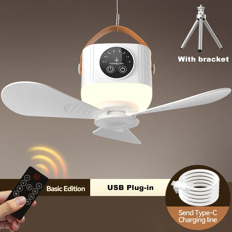 LED Light With Fan Portable Silent Ceiling Fans Light Rechargeable/Plug-in LED Lamp Remote Control 7200mAh for Bedroom Camping