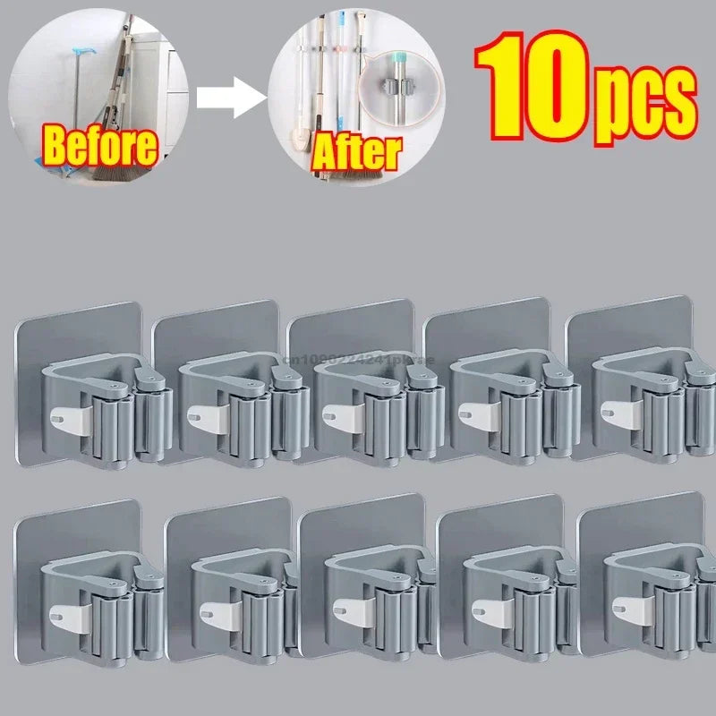 Household Bathroom Non Perforated Mop Holder, Broom Holder, and Card Holder Self-adhesive Mop Holder Kitchen Accessories