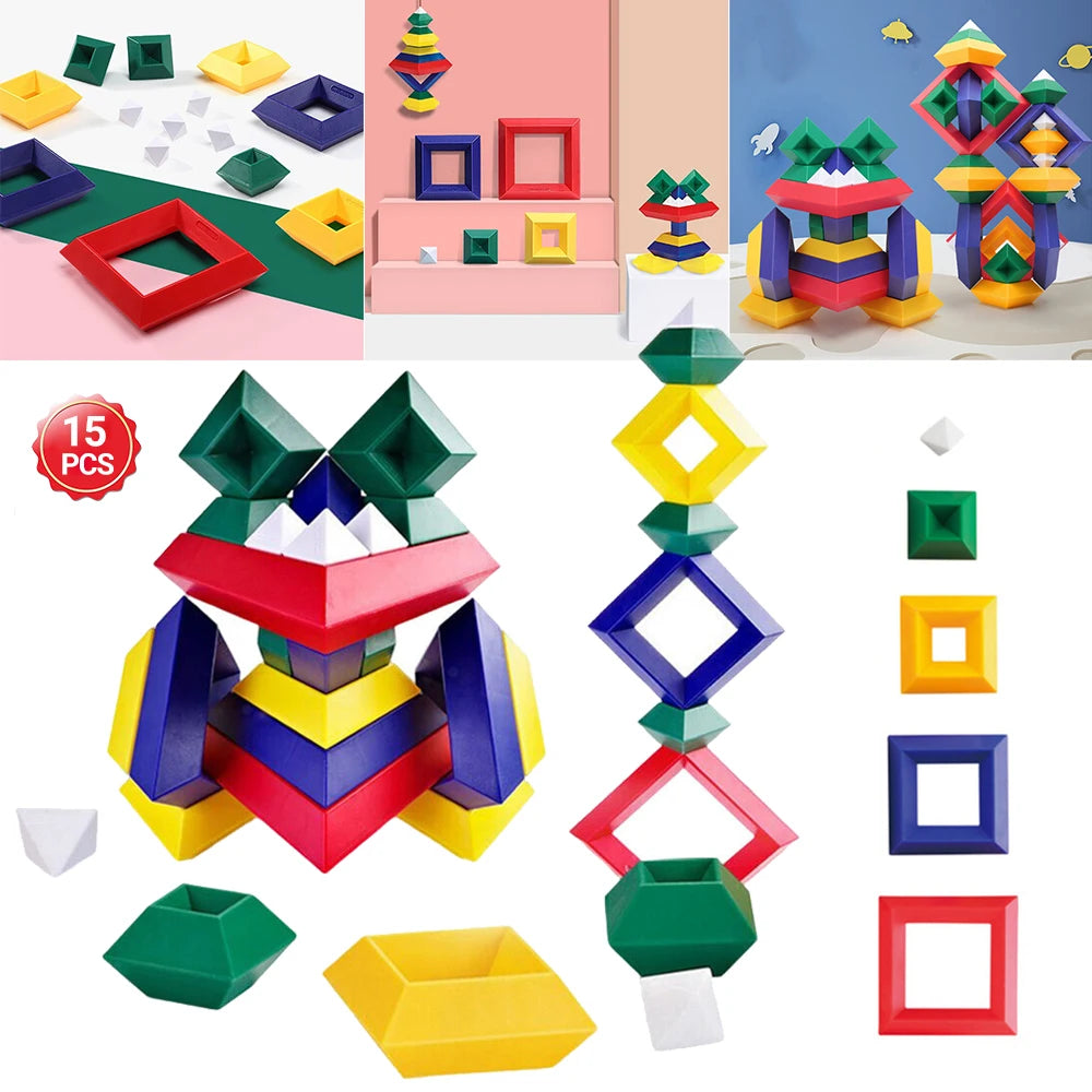 15pcs Pyramid Stacking Nesting Building Blocks Sensory Blocks for Preschool Kids