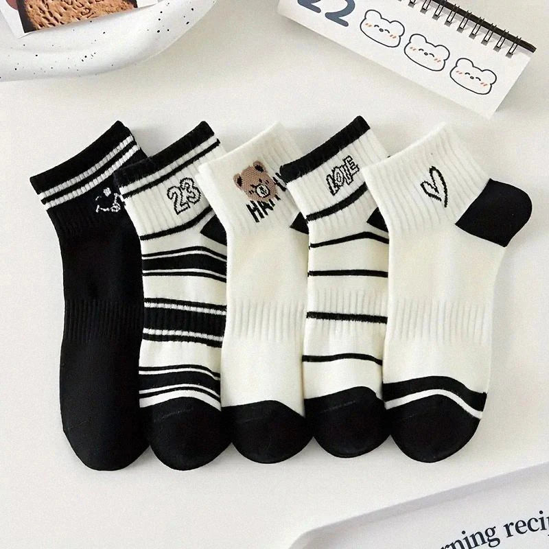 5Pairs/lot Summer Socks Black and White Cat Glass Silk Breathable Female Socks Simple Short Socks
