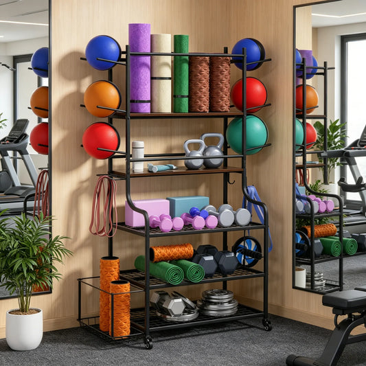 Yoga Mat Storage Rack Home Gym Storage Rack on Wheels Gym Organizer Equipment Storage for Home Exercise and Fitness Gear