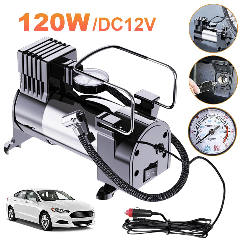 12V Car Tire Pump with Pressure Gauge Car Electric Air Pump Auto Inflatable Pump Heavy Duty Deluxe Portable Metal Air Compressor