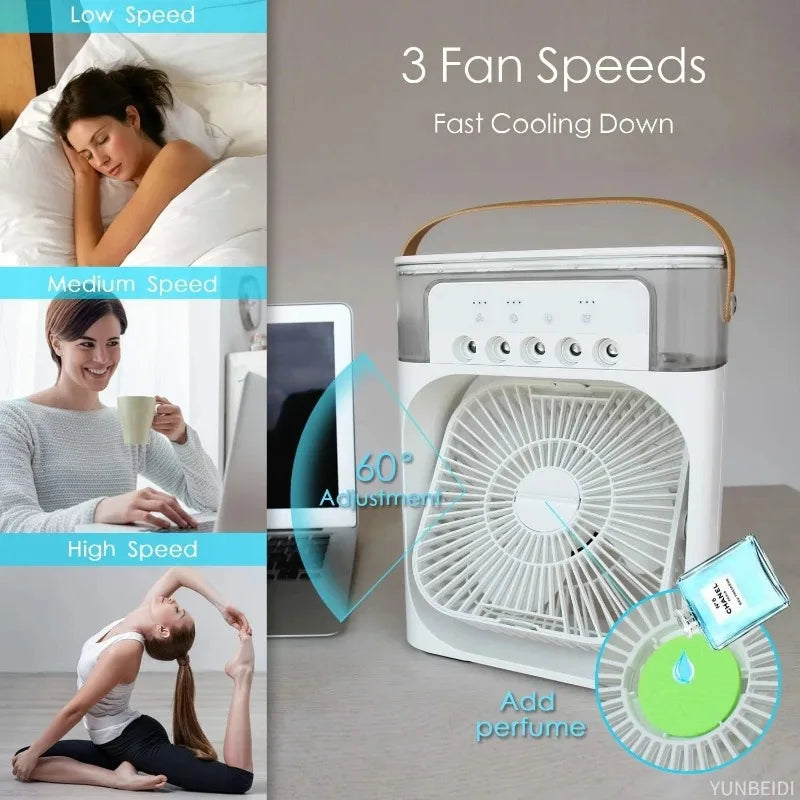 3-in-one Portable Air Conditioner Fan with LED Light Humidifier Timing Function Desktop Spray Fan for Home and Office Use