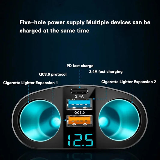 Car Cigarette Lighter Socket Splitter PD QC3.0 12V-24V Phone Charger Socket Dual USB Power Adapter for Mobile Phone DVR Charging