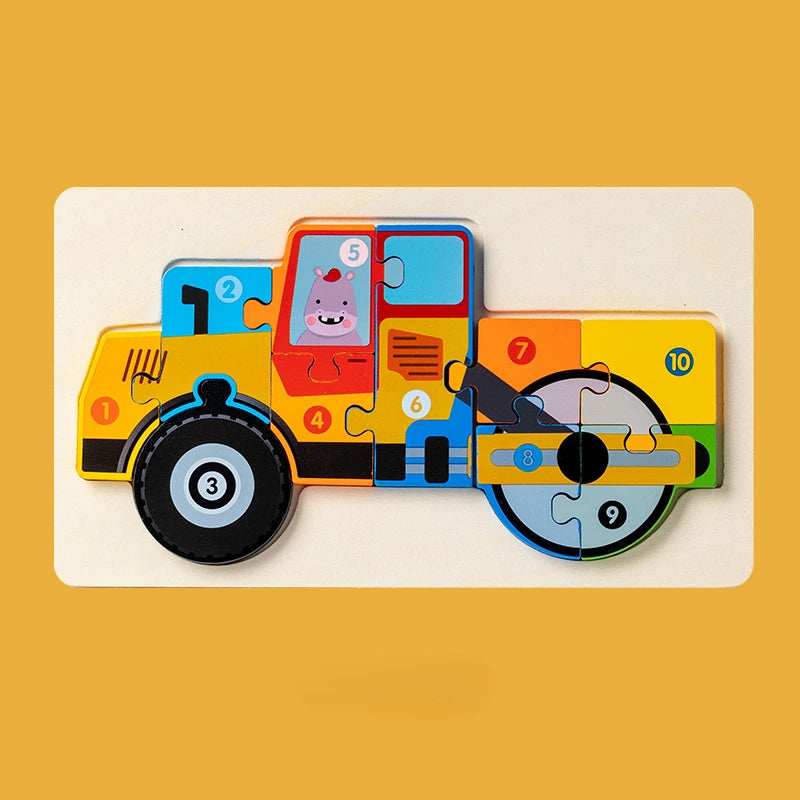 Children Montessori Wooden Puzzle Baby 3D Engineering Vehicle Jigsaw Early Education Matching Cognitive Puzzles Toys for Kids
