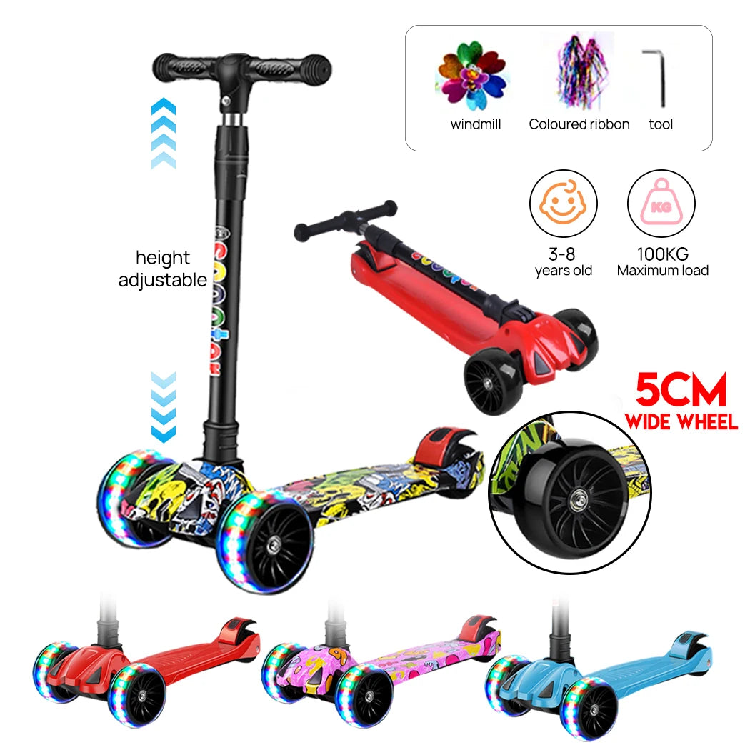 PORIYA Foldable Kids Scooter Adjustable Height Flashing LED Lights 3 Wheels Kick Push