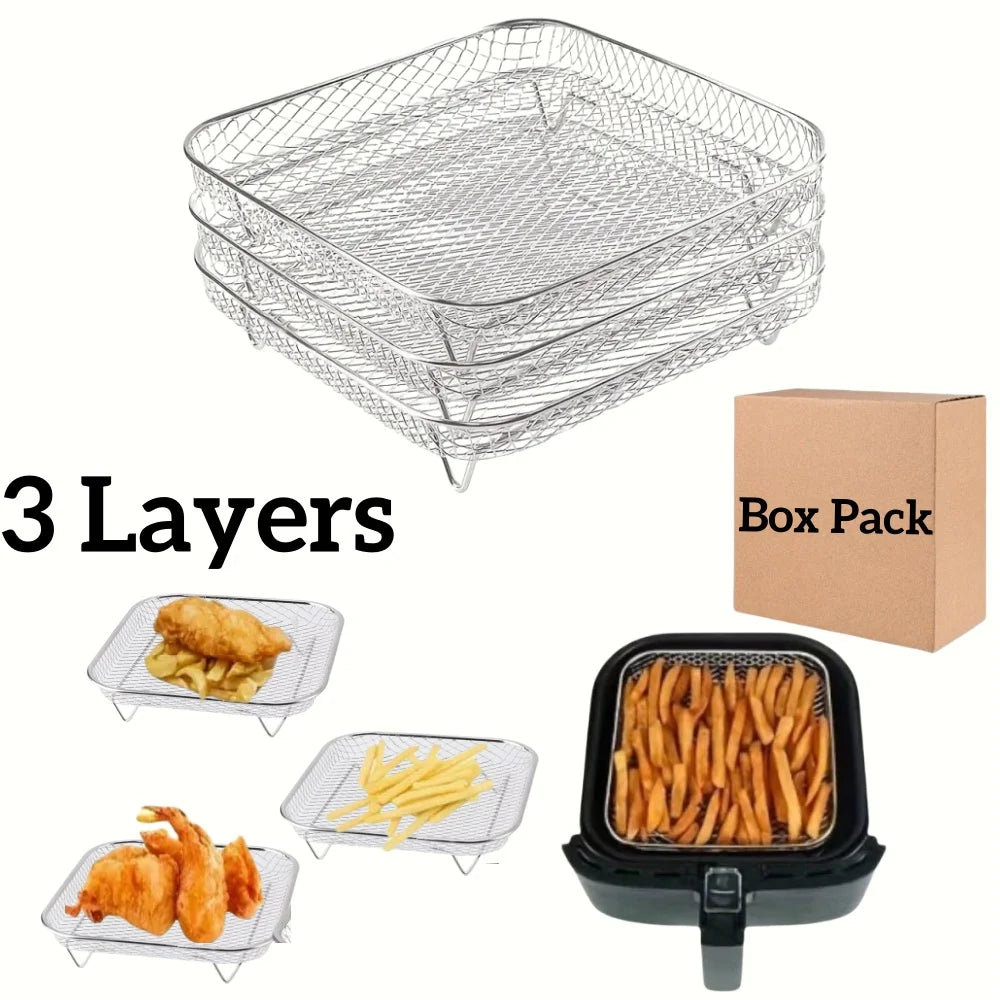 1/3Layer Stainless Steel Air Fryer Accessories Stackable BBQ Grill Rack Food Frying Basket Multipurpose for Baking Cooking Tool