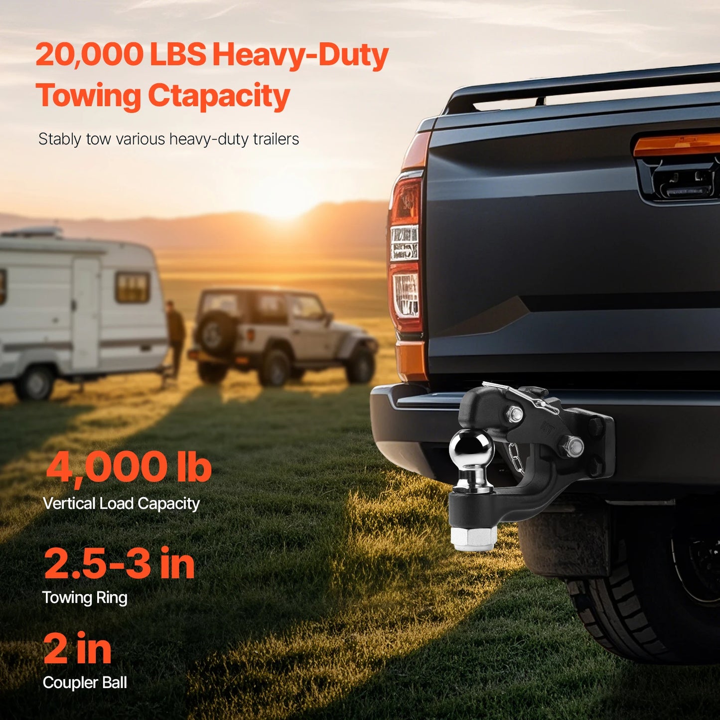 SucceBuy 20000lbs Trailer Hitch Receiver Pintle Hook Combination 2in&2-5/16in Hitch Ball fits for 2.5-3in Lunette Ring for Truck