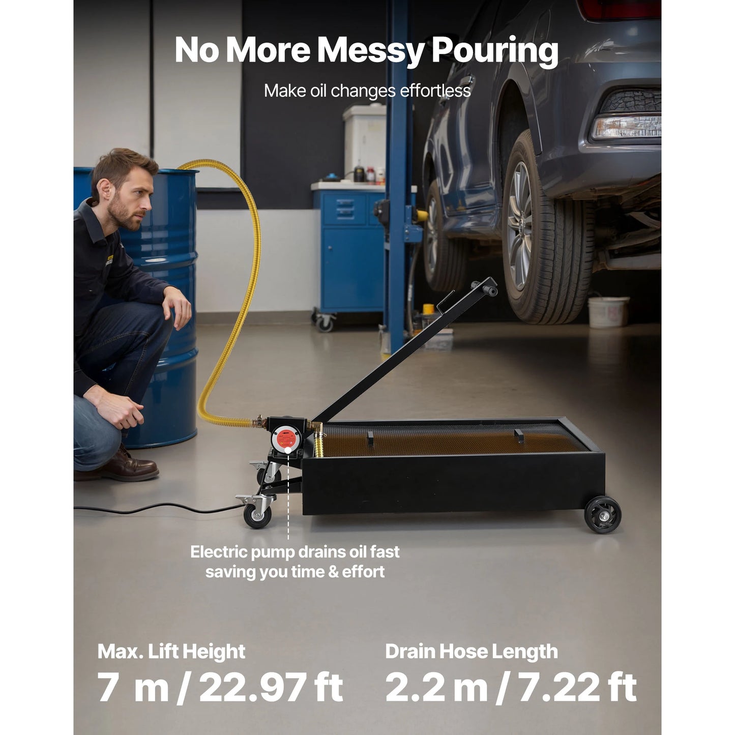 SucceBuy 15/20Gal Low Profile Oil Drain Pan Car Rolling Oil Drain Pan with Electric Pump & 7.2ft Hose for SUV Trucks Motorcycles