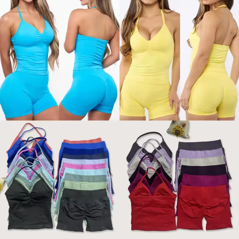 Cavendi 2 Pieces impact gym Halter top seamless shorts Women Yoga outfits Sportswear Sports Suits Fitness Top Gym set