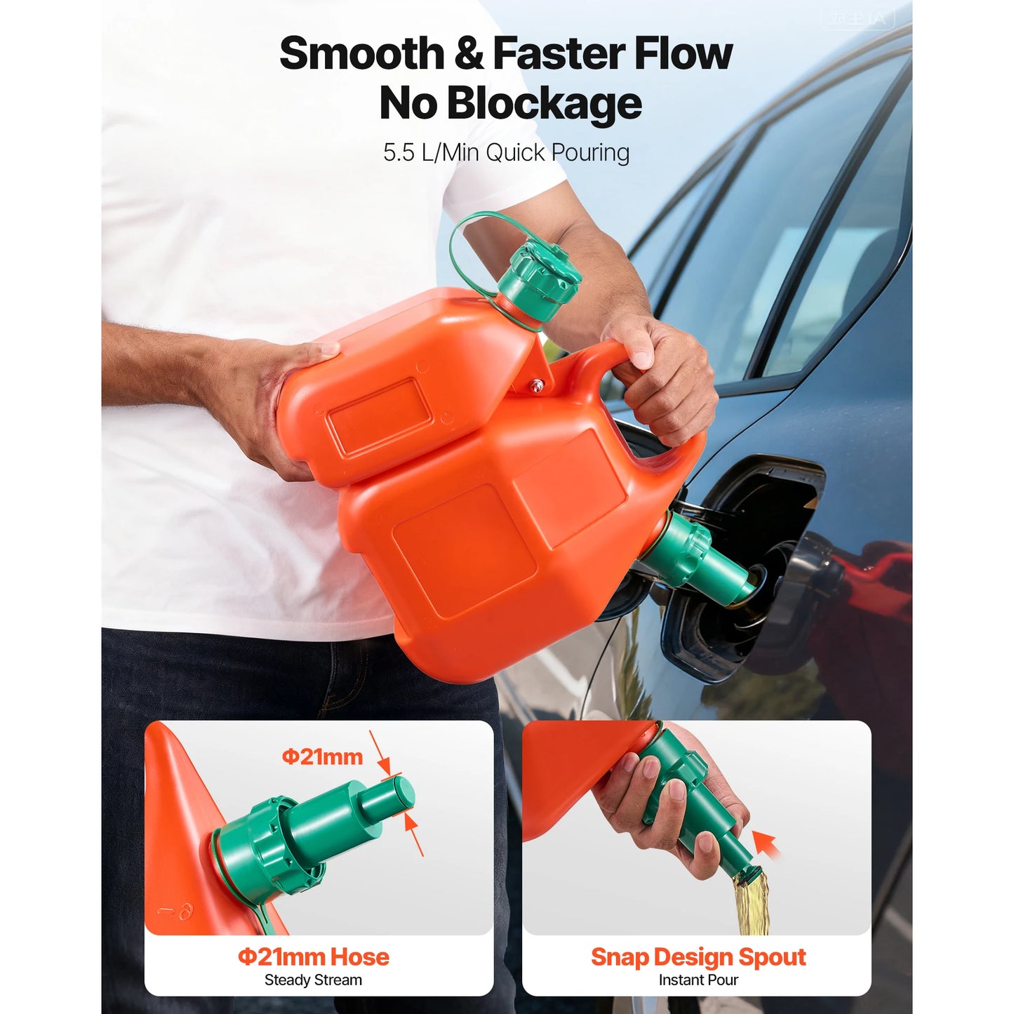 SucceBuy 1.6Gal Fuel Tank with Spout & 0.5Gal Extra Oil Container 5.5L/min Max Portable Flat Fluid Container for Cars Motorcycle