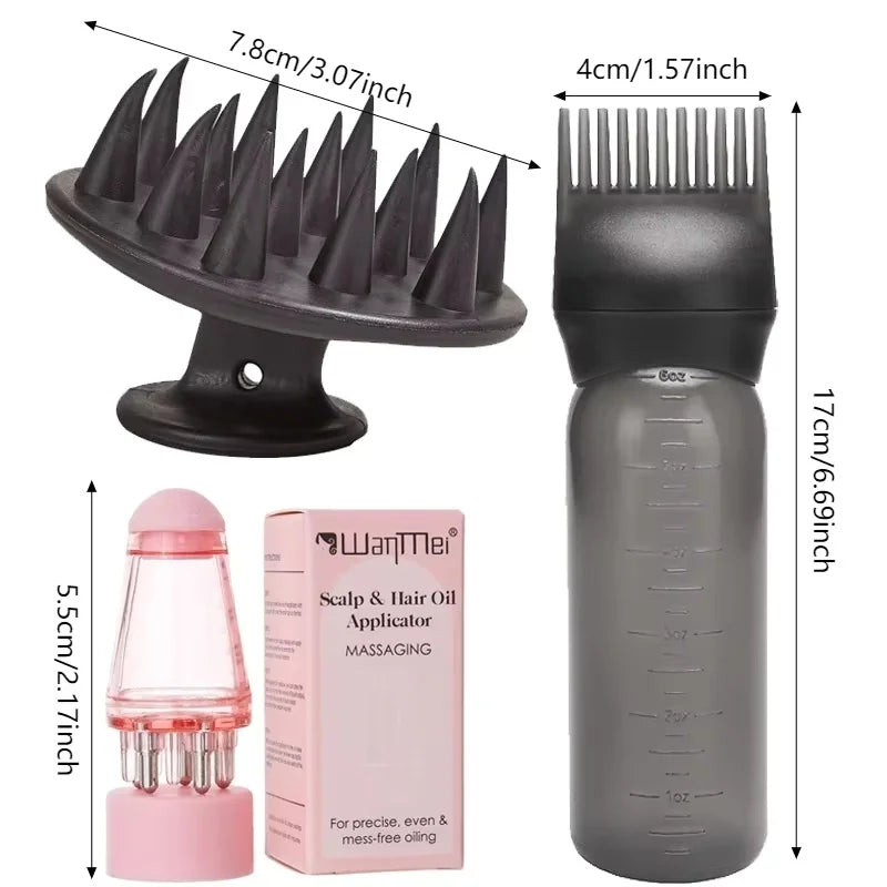 3Pcs Scalp Hair Oil Applicator Set Hair Growth Serum Bottle Shampoo Brush Scalp Massager Comb Hair Care Tools