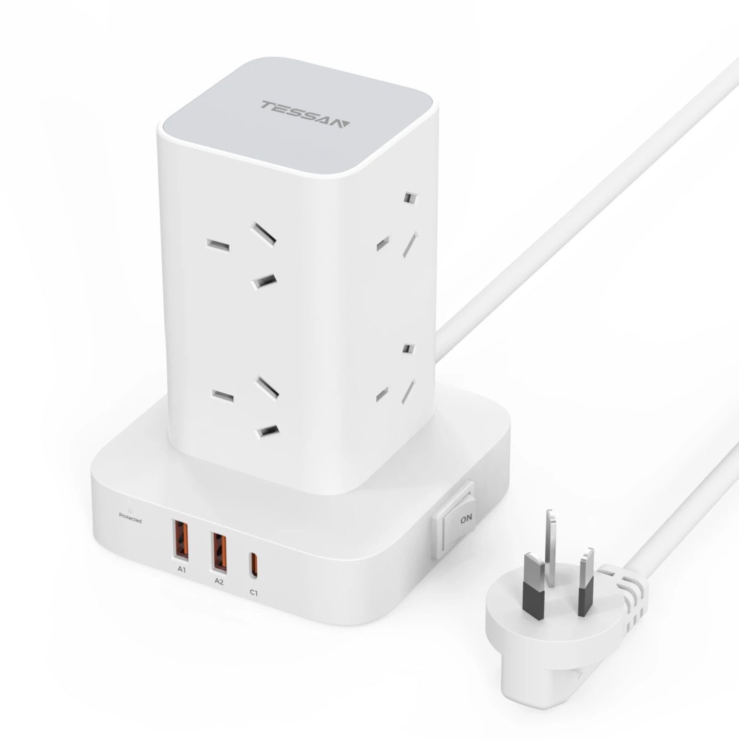 TESSAN AU Plug Tower Power Strip Desktop Fast Charging Station 65W GaN USB C AUS Power Strip with 6 USB Ports for Home Office