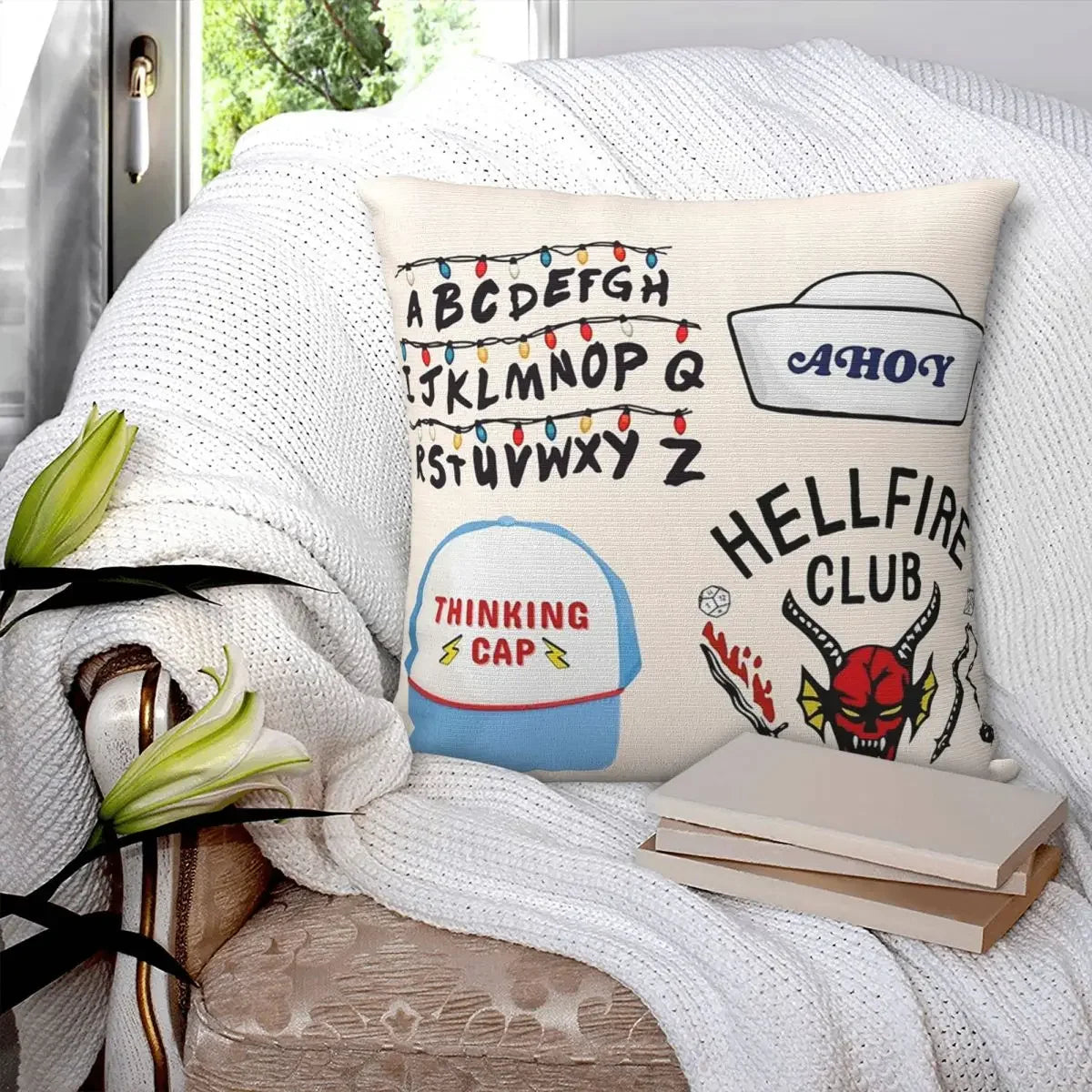VIKAMA Stranger Sticker Square Throw Blanket  Zippered Throw Cover  Home Living Room Bedroom Sofa Decorative Cushion Cover