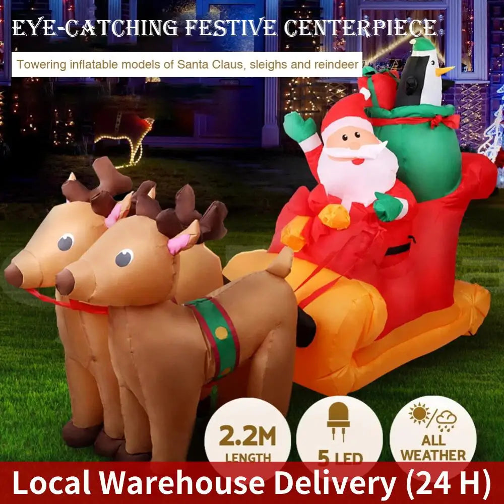2.2m Xmas Holiday Inflatable Yard Decor Santa Sleigh with Reindeer LED Christmas Toy Home Decorations Supplies Ornament Gift