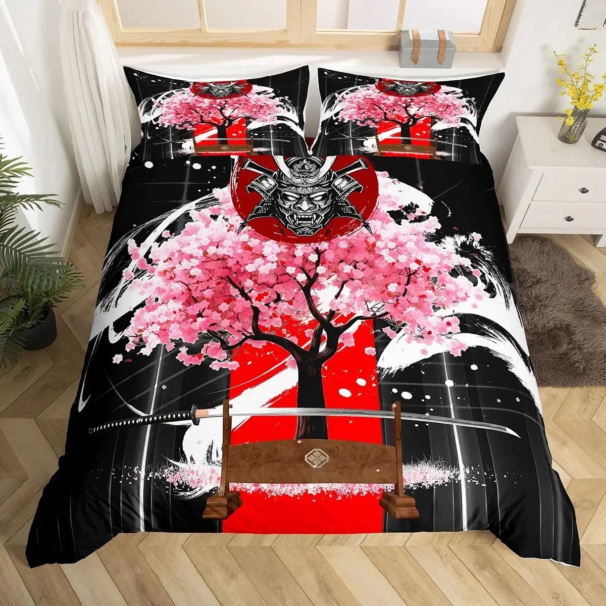 Japanese Samurai Bedding Set Full Size Cherry Blossoms Comforter Cover Red Sun Hokusai Duvet Cover Fuji Mountain Quilt Cover