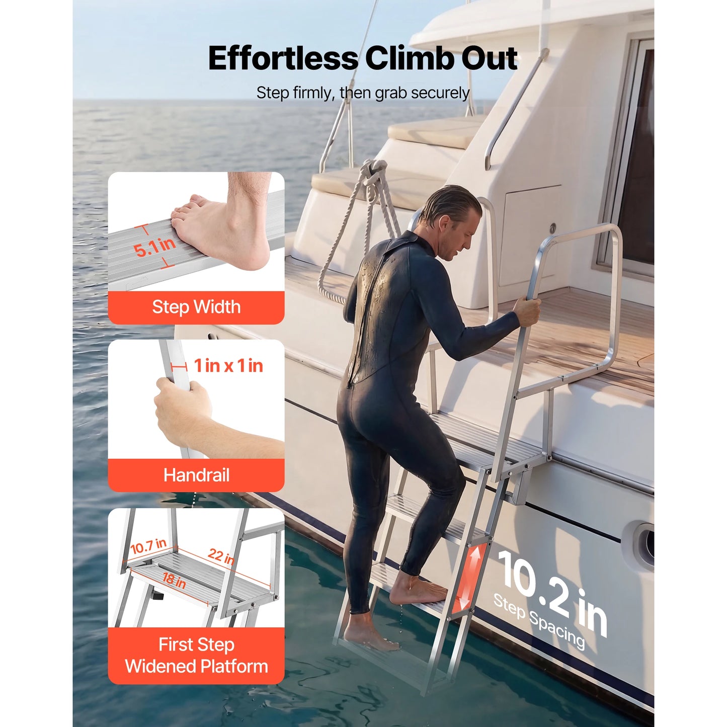 SucceBuy 4/5/6-Step Flip-Up Dock Ladder 350 lbs Aluminum Alloy Pontoon Boat Swim Ladder with Non-Slip Steps for Marine Boarding