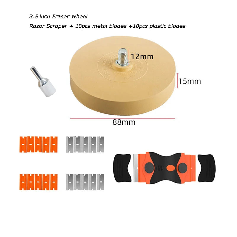Auto Decal Adhesive Remover 4/3.5 Inch Rubber Eraser Wheel for Drill Car Sticker Remover with Scraper Graphics Glue Vinyl Eraser