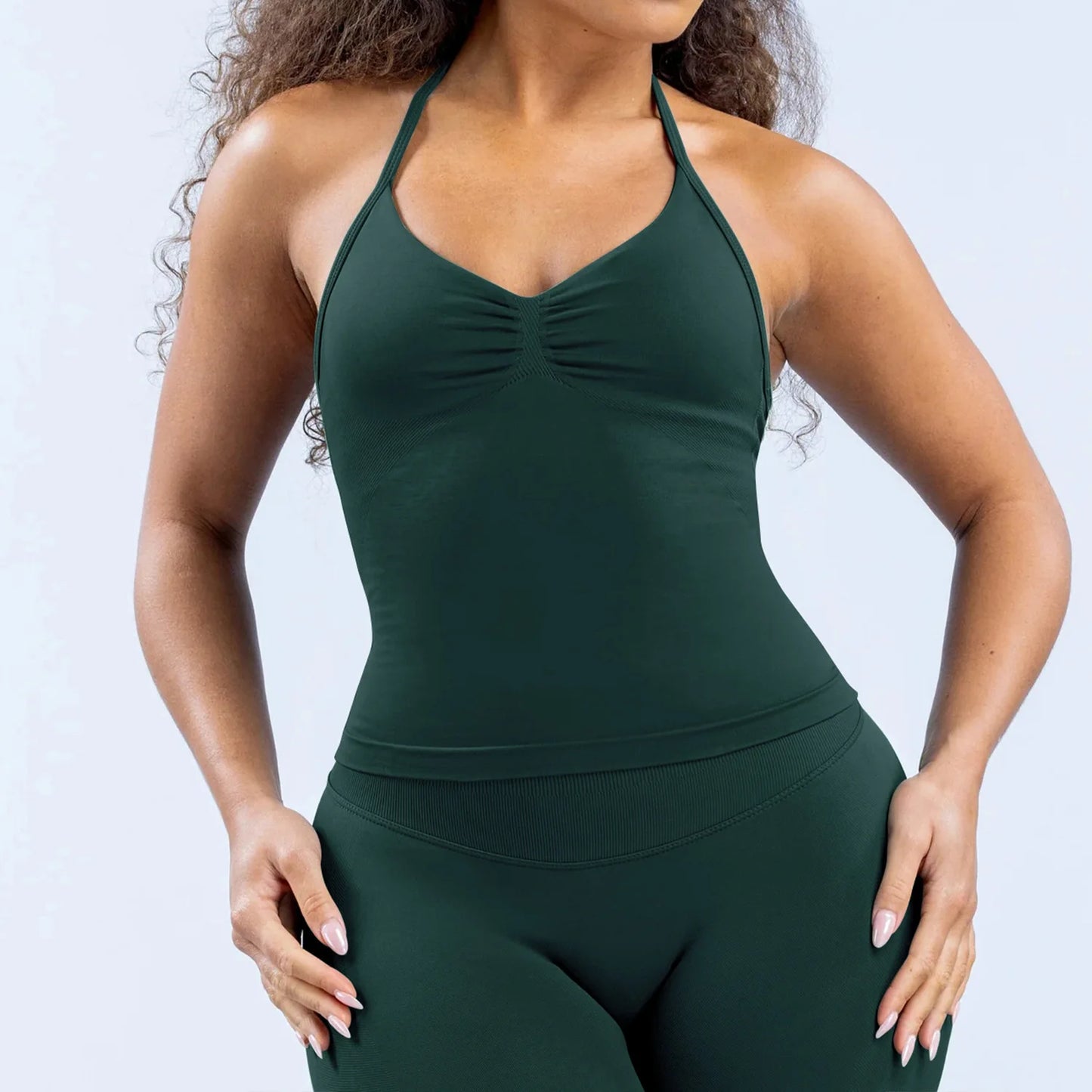 Cavendi 2 Pieces impact gym Halter top seamless shorts Women Yoga outfits Sportswear Sports Suits Fitness Top Gym set