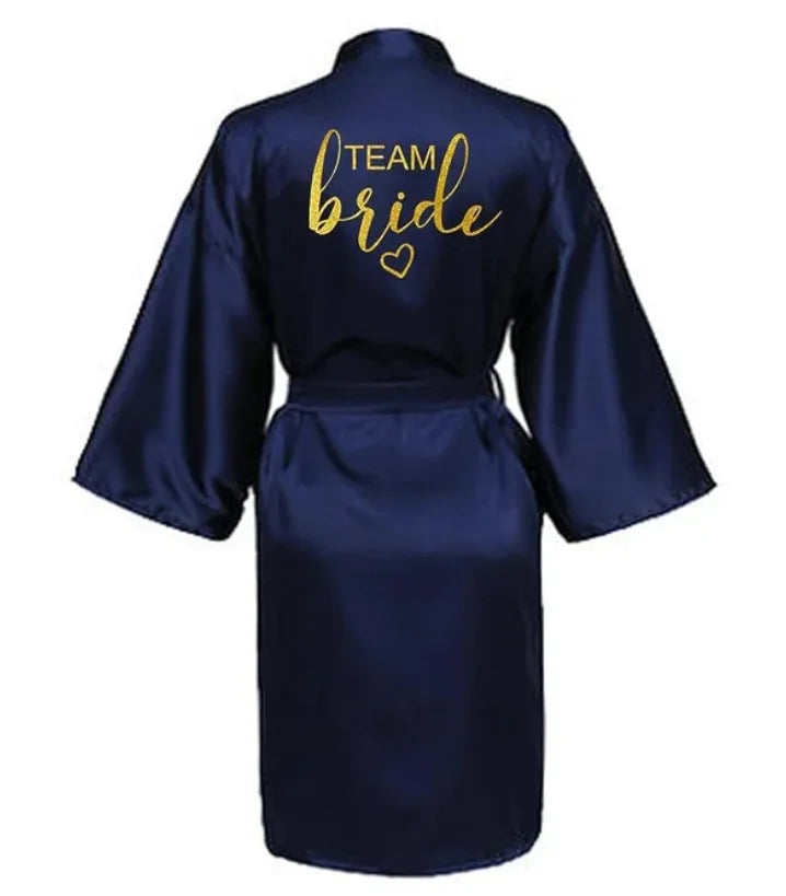 Wedding Party Team Bride Robe Kimono Satin Pajamas Bridesmaid Bathrobe Gold Letter SP093