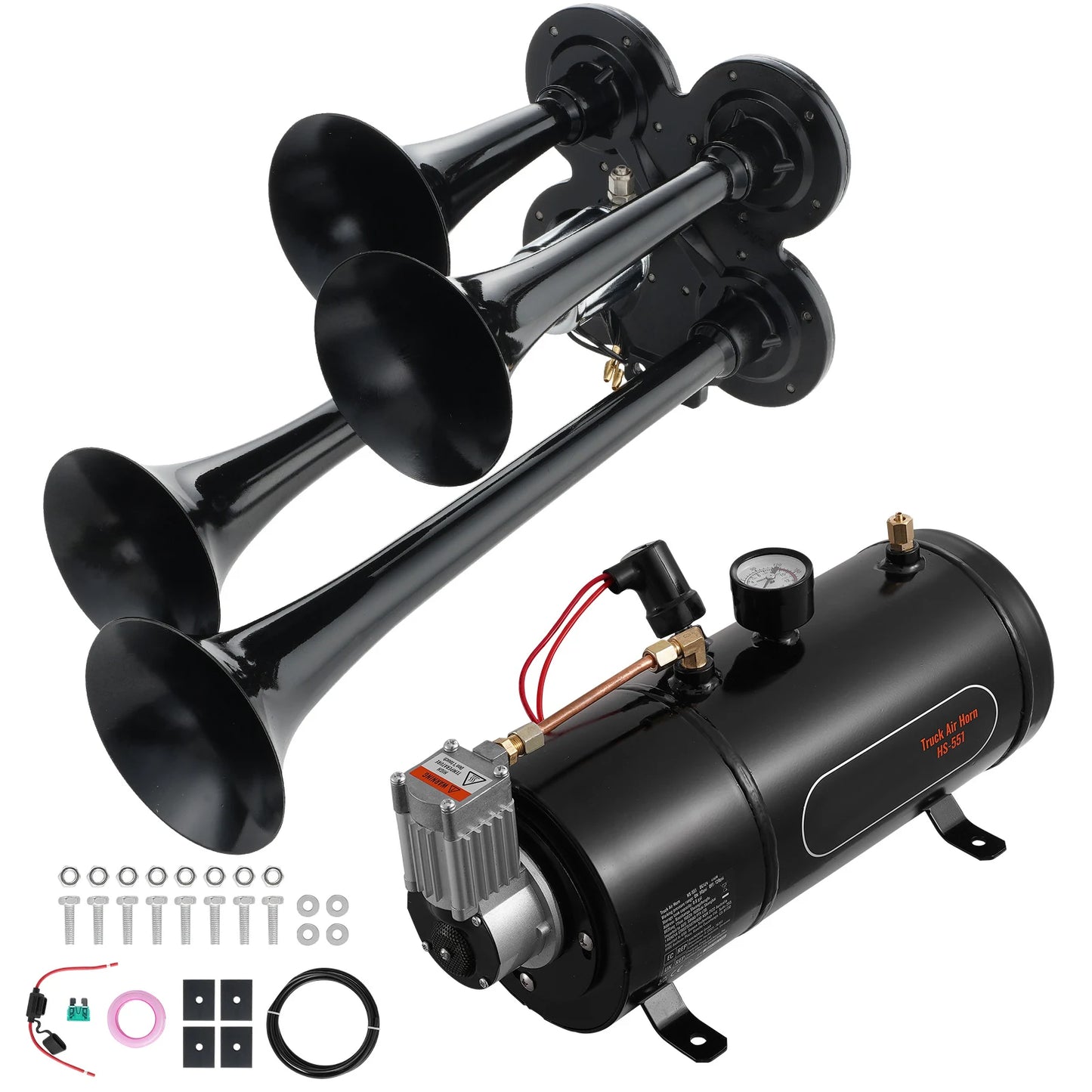 SucceBuy Train Horns Kit 4 Trumpet Air Horn Kit 150dB Train Horns 12V 120 psi Air Compressor for Car Truck Train Van Boat Pickup