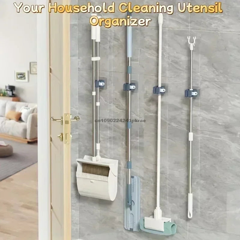 Household Bathroom Non Perforated Mop Holder, Broom Holder, and Card Holder Self-adhesive Mop Holder Kitchen Accessories