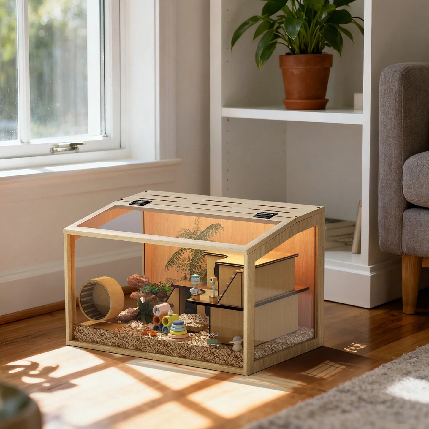 60/80CM Large Natural Wooden Hamster Cage Animal Cabinet Built-in LED Light Tabletop Hamsters Habitat for Small Pets