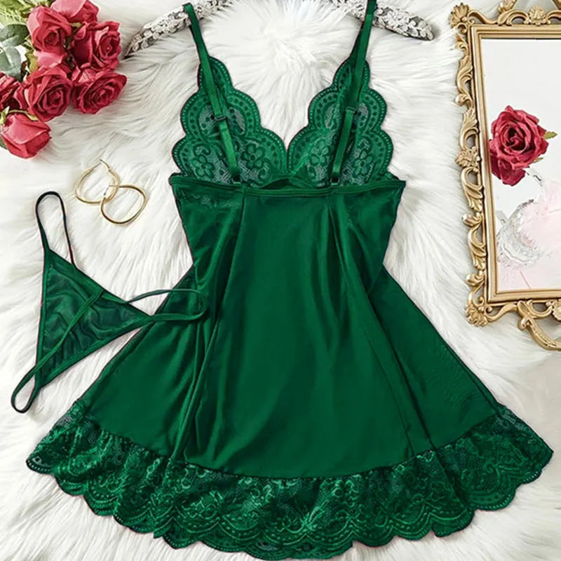 G-string Nightgown Set For Sexy Woman Summer Night Dress Ultra-thin See-through Pajama Sets Lace Sleepwear Suspender Lingerie