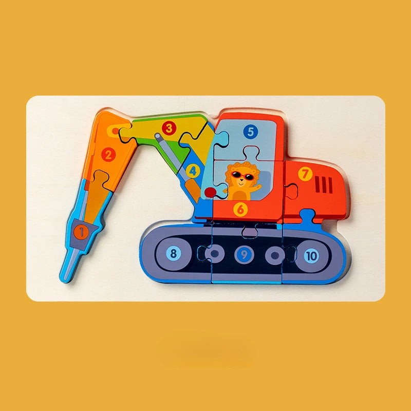 Children Montessori Wooden Puzzle Baby 3D Engineering Vehicle Jigsaw Early Education Matching Cognitive Puzzles Toys for Kids