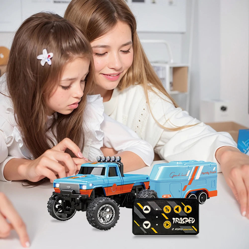 Mini Off-Road Climbing Car with Lights & Trailer All Terrain Off-Road Truck Toy 1:64 Scale 2.4Ghz Remote Control for Kids Gifts