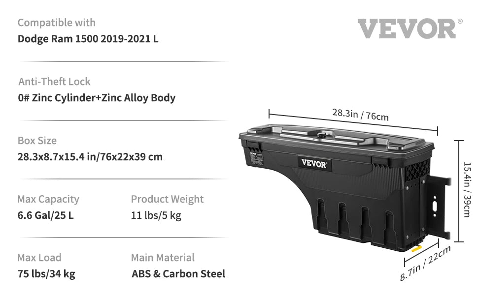 SucceBuy Truck Bed Storage Box Passenger Side Lockable Lid Waterproof ABS Wheel Well with Password Padlock Tool Box for Trucks