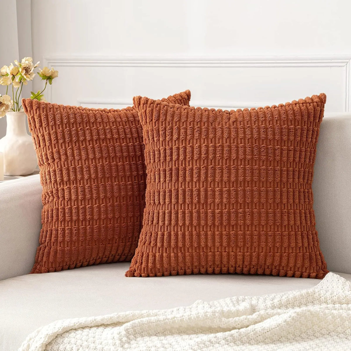 Corduroy Decorative Throw Pillow Covers 18x18 Inch Soft Boho Striped Fall Pillow Covers Modern Farmhouse Home Decor for Sofa Bed
