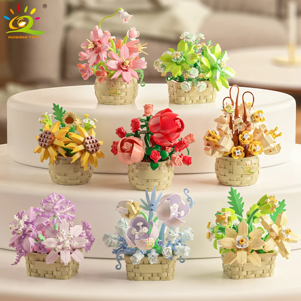 HUIQIBAO MOC Bouquet Potted Plant Micro Building Blocks Eternal Flower Model DIY Home Desk Decoration Brick Toy For Children