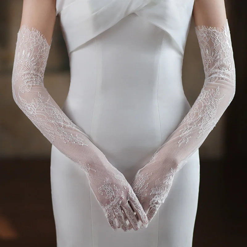 55cm Women Sexy Thin Lace Flower White Black Long Gloves Transparent Mesh Eyelash Tulle Bridal Wedding Party Dress Accessories