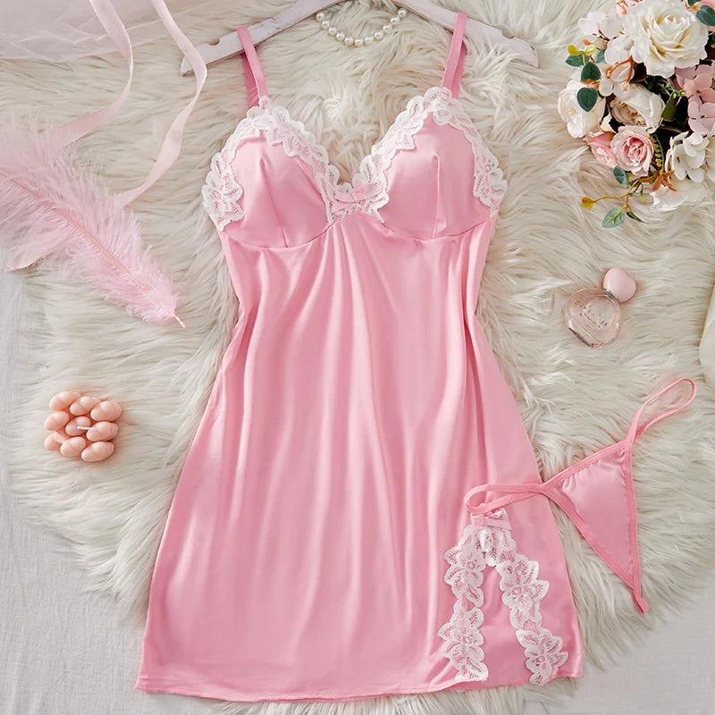 Light Purple Deep V Women Nightdress Sexy Lace Bow Lingerie Adult Dress Babydoll Sex Sleepdress Underwear Set Erotic Clothing