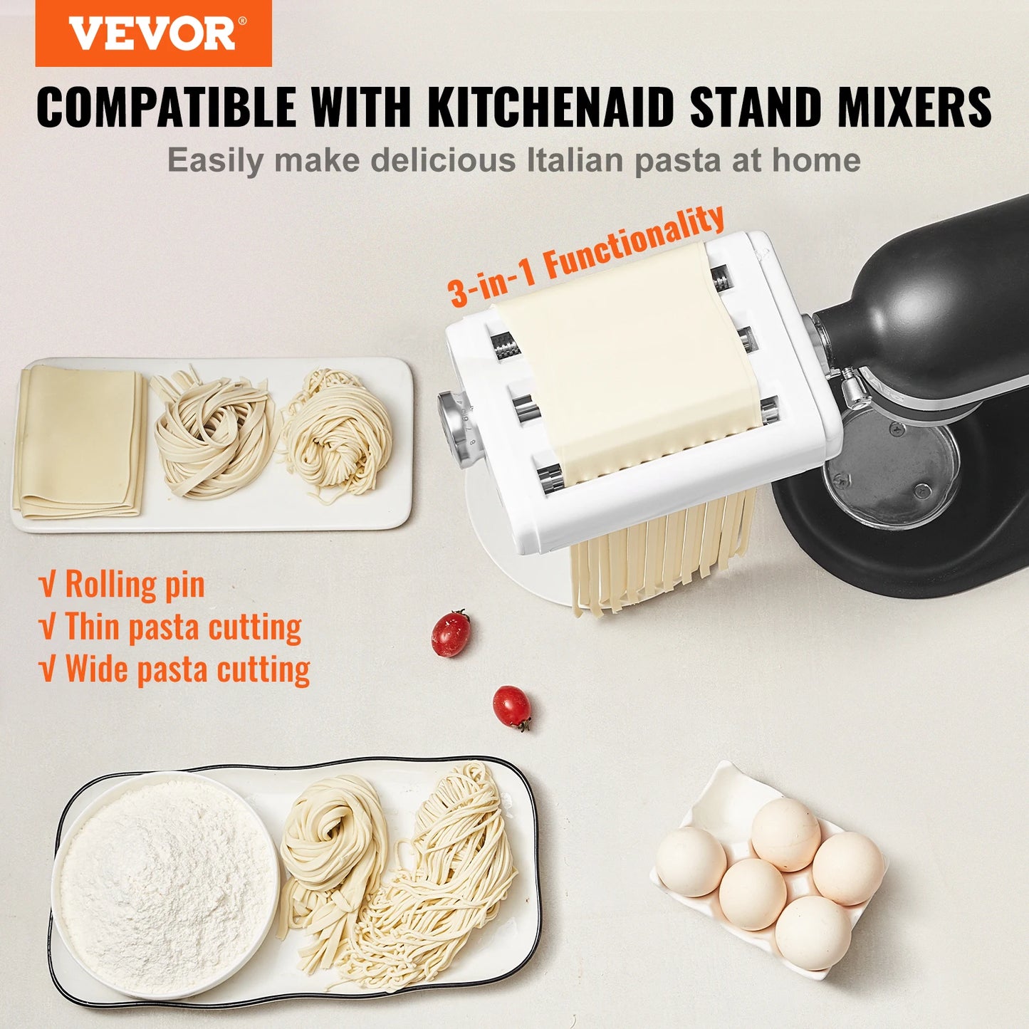 SucceBuy Pasta Attachment for KitchenAid Stand Mixer 3-IN-1 Stainless Steel Pasta Roller Cutter Set Including Pasta Sheet Roller