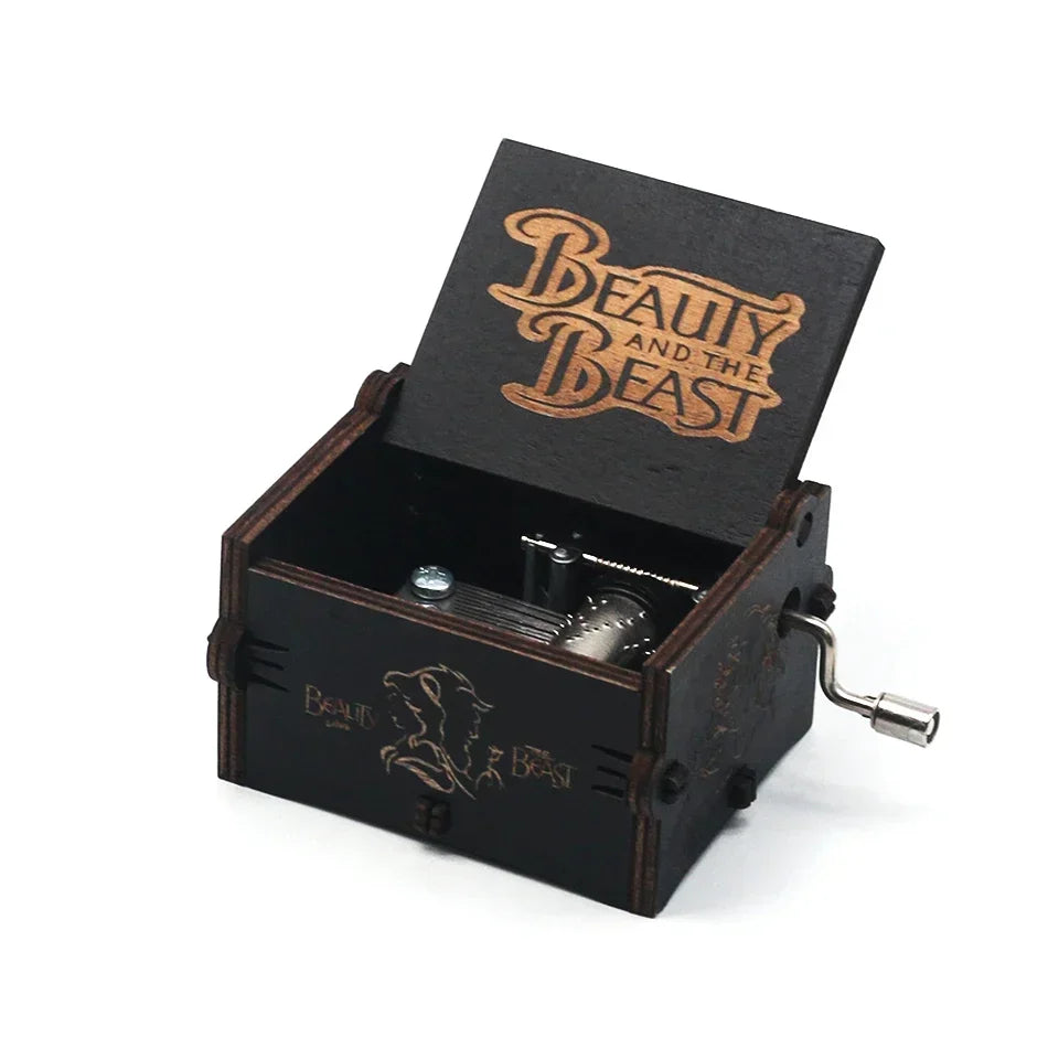 Hot *Antique carved Wooden Hand Crank Beauty and the Beast Music Box Christmas Birthday Gift