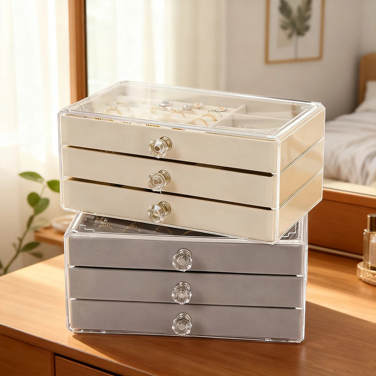 3 Layers Stackable Drawer Jewelry Box Beige Gray Earring Ring Necklace Bracelet Storage Organizer