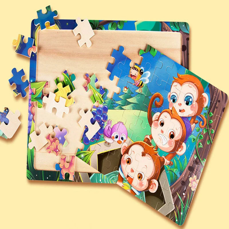 New Sale 60Pcs Cartoon Wooden Puzzle Children Animal Vehicle Jigsaw Toy 2-6 Year Baby Early Educational Toys for Kids Game