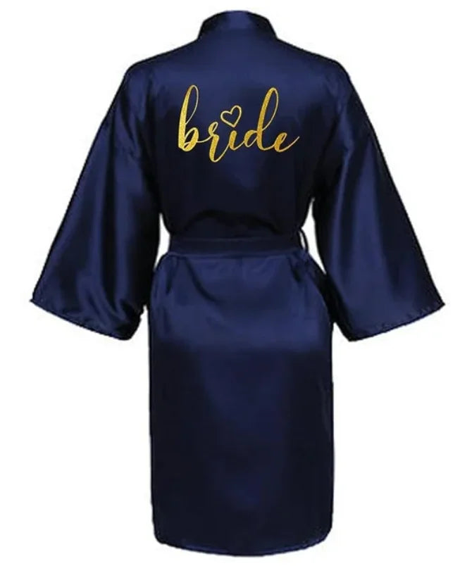 Wedding Party Team Bride Robe Kimono Satin Pajamas Bridesmaid Bathrobe Gold Letter SP093
