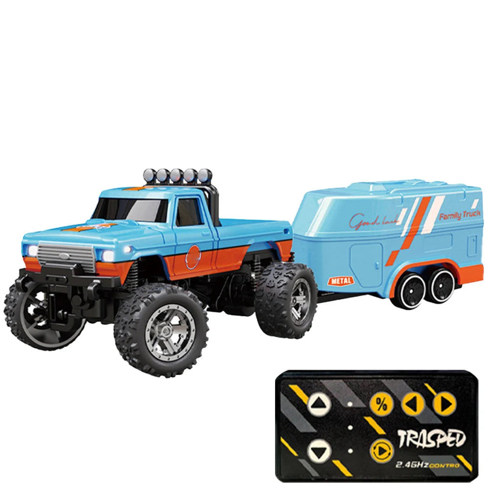 Mini Off-Road Climbing Car with Lights & Trailer All Terrain Off-Road Truck Toy 1:64 Scale 2.4Ghz Remote Control for Kids Gifts