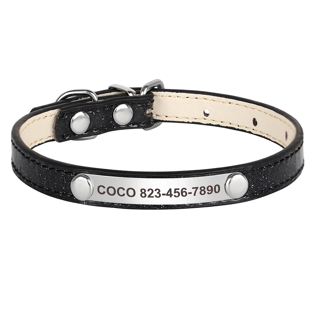 Personalized Cat Collar Custom Leather Cat Collars Free Engraved Puppy Kitten ID Necklace Bling Pet Collars for Small Dogs Cats