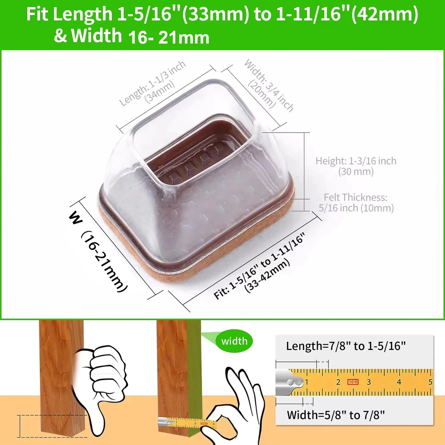 8PCS Silicone Chair Leg Floor Caps Protectors Rectangle with Felt Foot Cover End Caps Covers width 22-32mm for hardwood Table