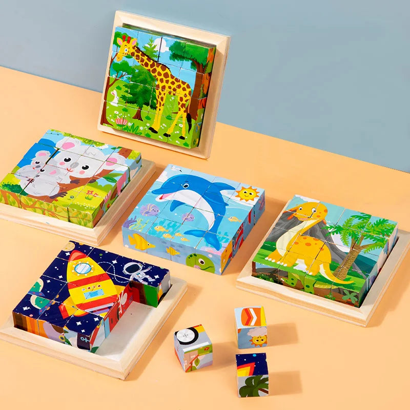 kindergarten Educational toy CRAFTS Cartoon Six Sided Wooden Puzzle Blocks Set Animal Matching Blocks Early education