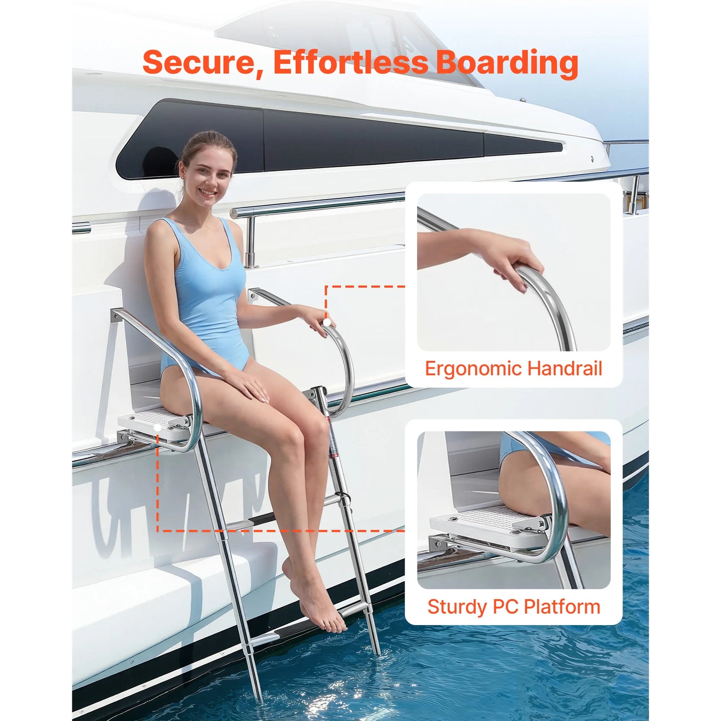 SucceBuy 3 Steps Boat Ladder Stainless Steel 400 lbs Telescoping Folding Swim Deck Ladder with Handrails for Outboards Yacht