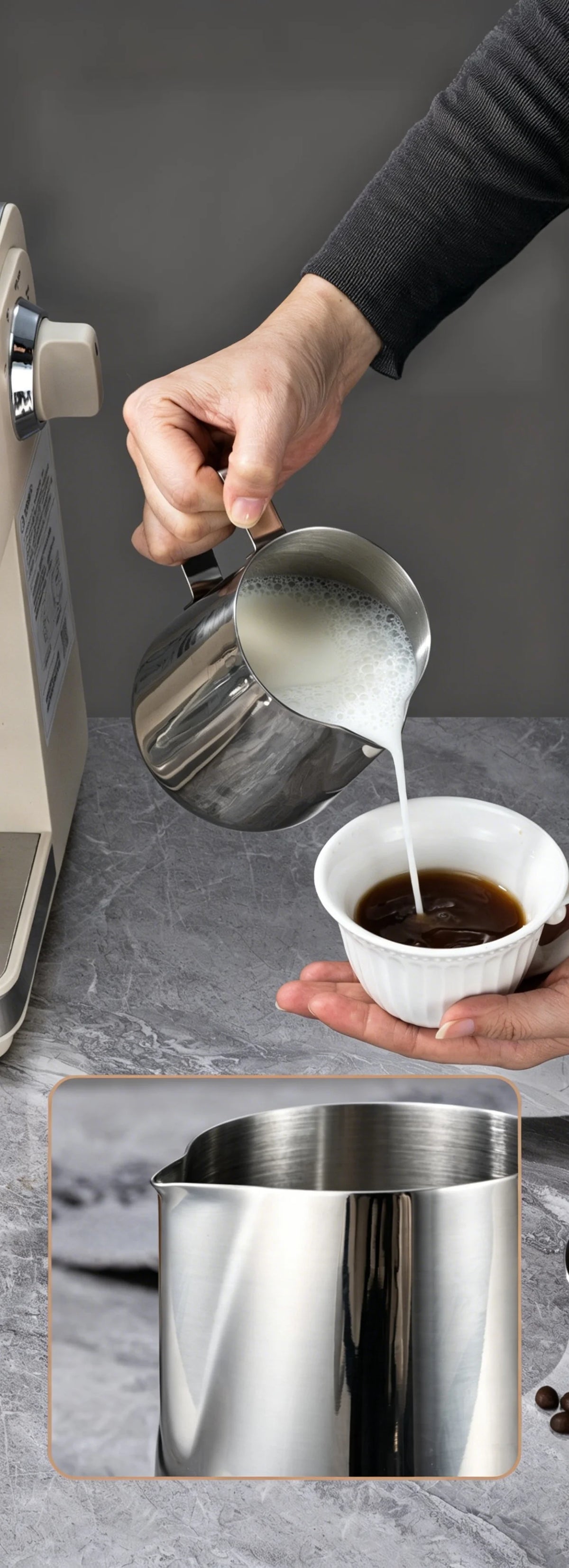 Milk Creamer Frothing Pitcher Stainless Steel, 350/600/1000/1500ml Coffee Cup Jug Latte Espresso Cappuccino Milk Cup Barista