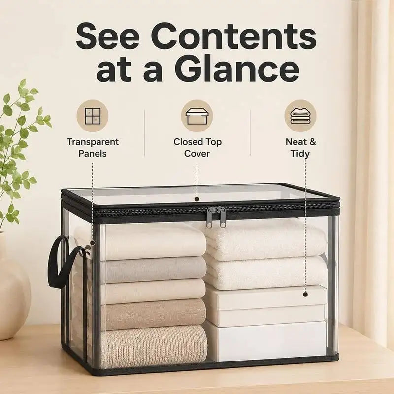 Foldable Storage Bins 3 Pack Large Clear Heavy Duty Boxes with Lids Collapsible Clothes Blanket Organizer for Closet Bedroom