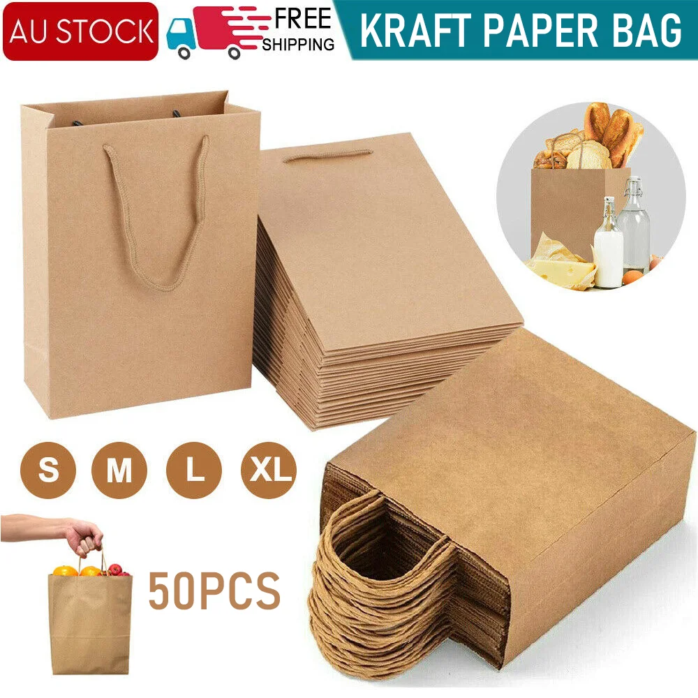 50pcs Bulk Kraft Paper Bags Gift Shopping Carry Craft Brown Bag with Handles 260gsm