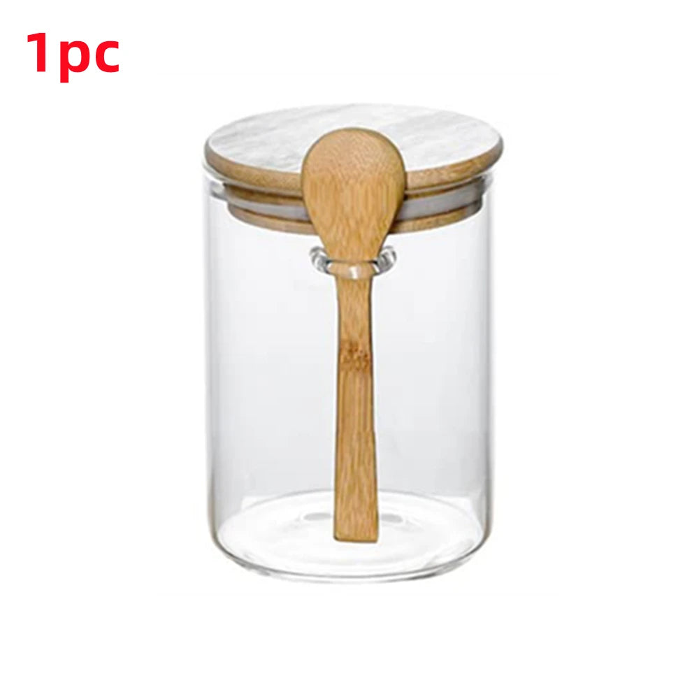 Coffee Sugar Container Salt 1/2/3/4pcs Airtight Glass Jars with Bamboo Lids and Spoons 18oz Glass Bulk Food Storage Jar