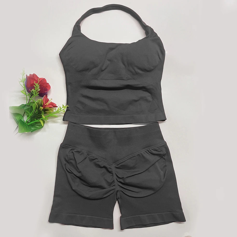 Yoga Outfit DFNNYE Two Pieces Gym Set Women DF Impact Yoga Outfits Backless Halter Top Shorts Fitness Clothes Workout Sets